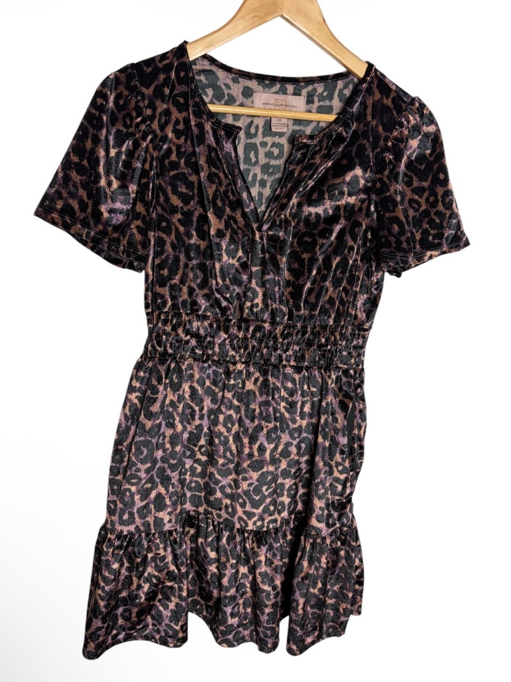 French Connection cheetah print velour babydoll mini dress side pockets XS